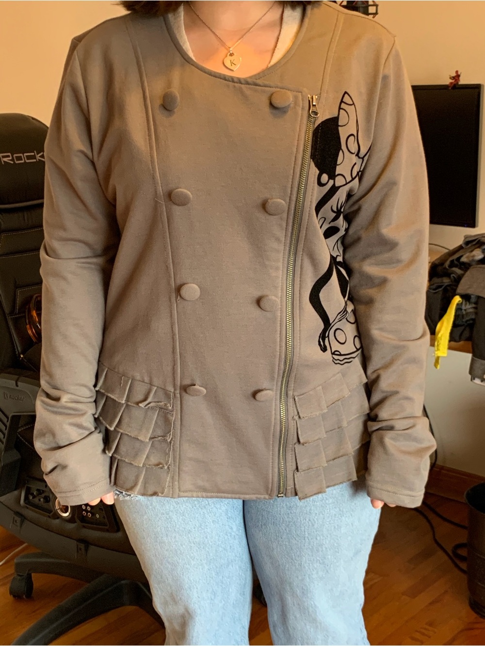 Disney Taupe Double-Breasted Jacket with Side Zip and Ruffle Hem